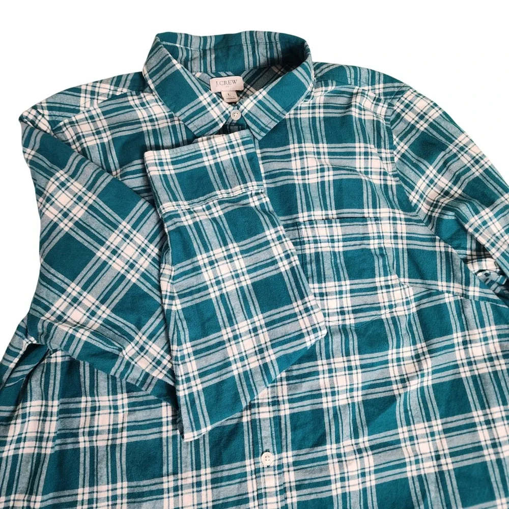 J Crew Mens Long Sleeve Plaid Button Down‎ Shirt Teal White Size L